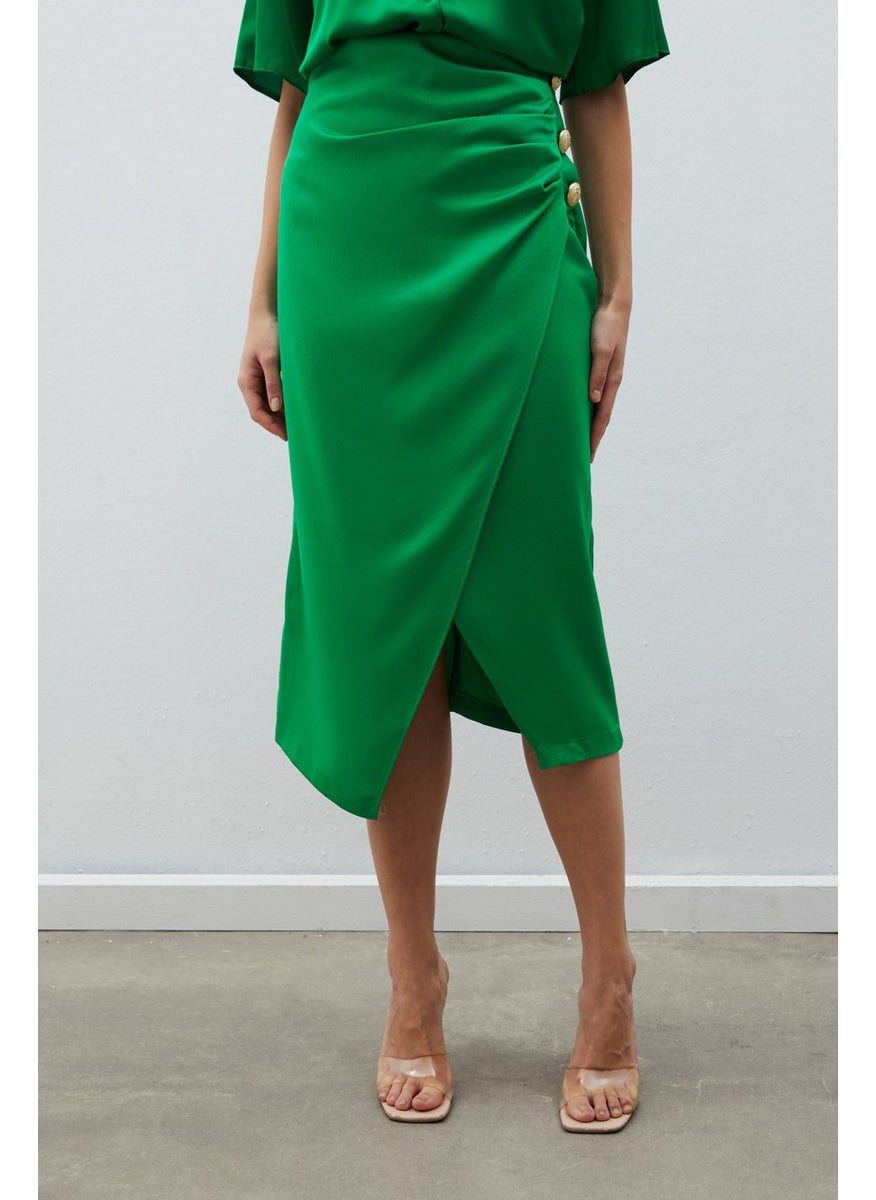 Satin Crepe Skirt with Button Accessory - Green