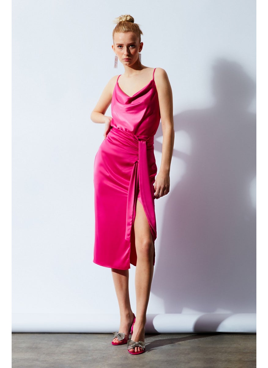 Satin Tie Satin Skirt - Fuchsia
