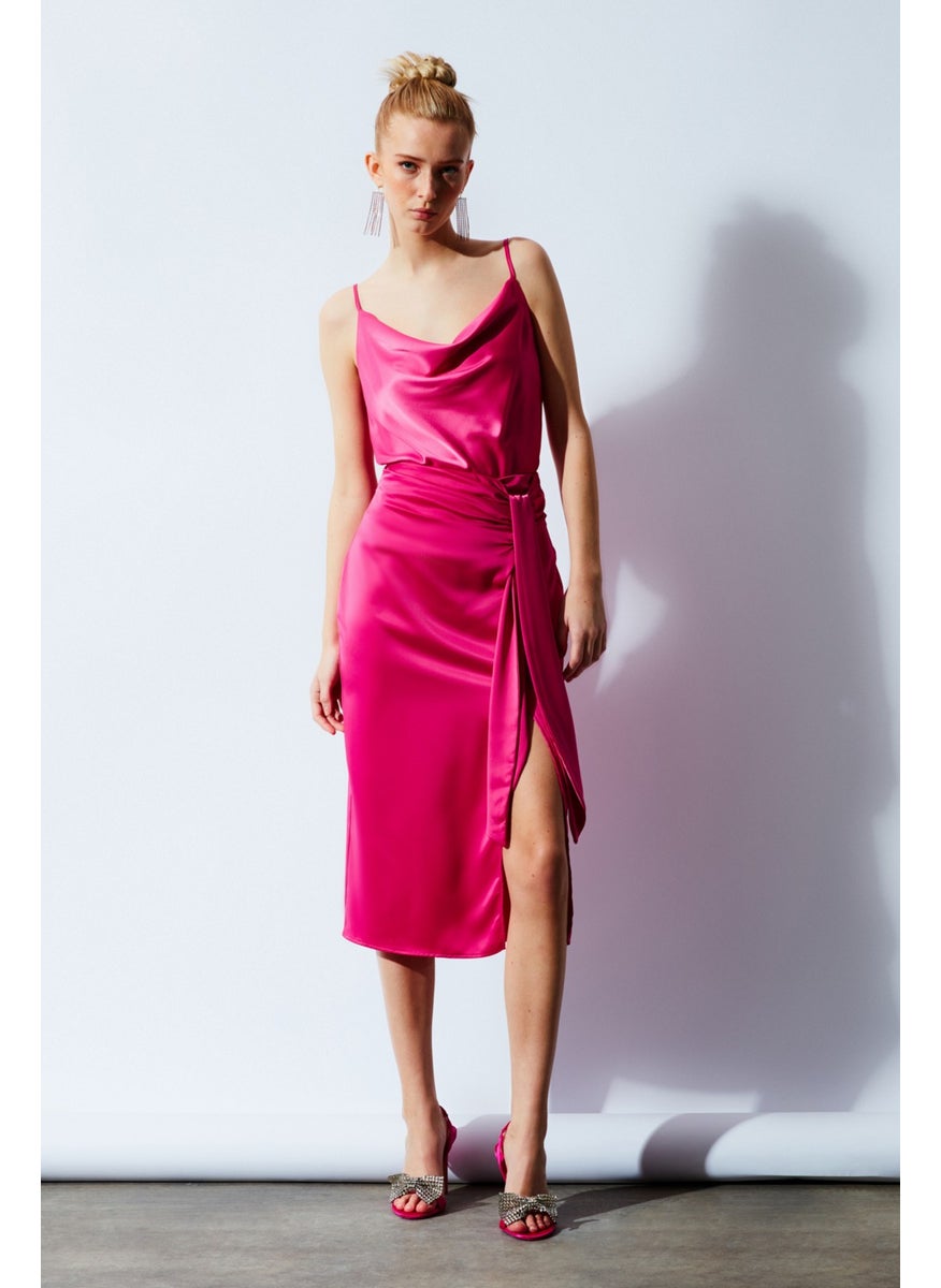 Satin Tie Satin Skirt - Fuchsia