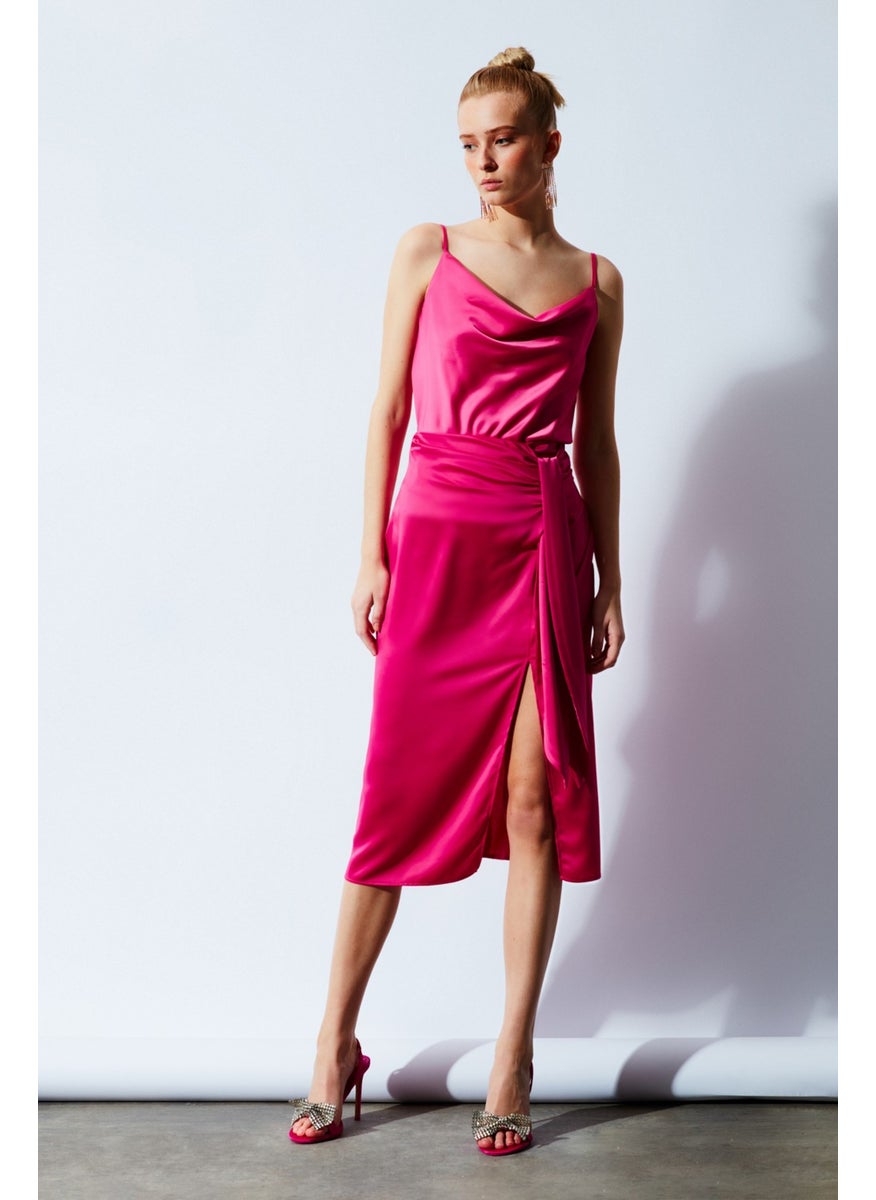 Satin Tie Satin Skirt - Fuchsia