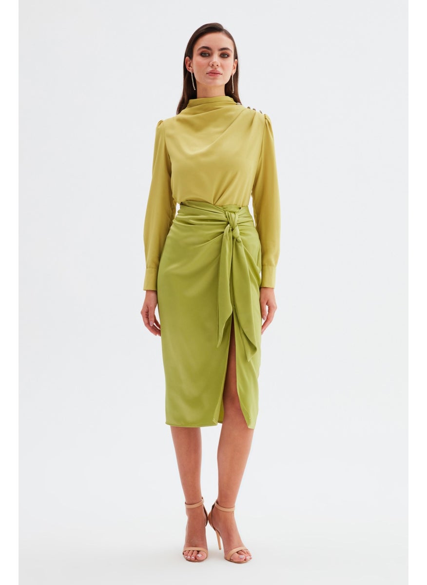Satin Tie Satin Skirt - Oil Green