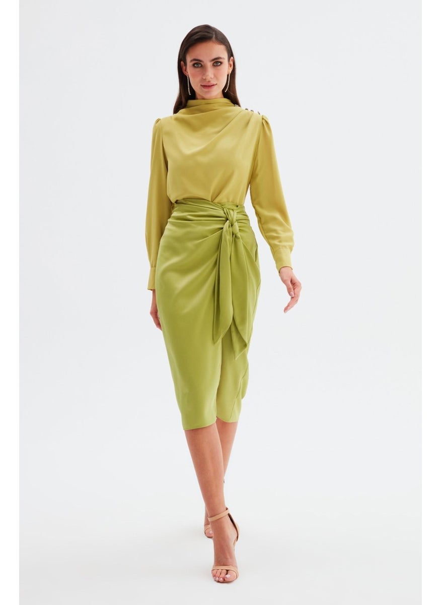 Satin Tie Satin Skirt - Oil Green