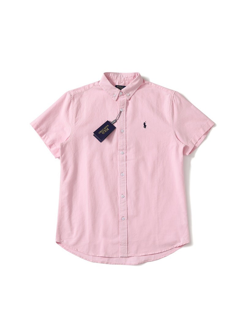 Solid Color Embroidered Short Sleeve Shirt For Couples Lapel Fit Half Sleeve For Work And Commuting Chinese Mainland Origin Pink