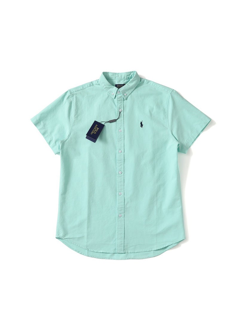 Solid Color Embroidered Short Sleeve Shirt For Couples Lapel Fit Half Sleeve For Work And Commuting Chinese Mainland Origin Light green