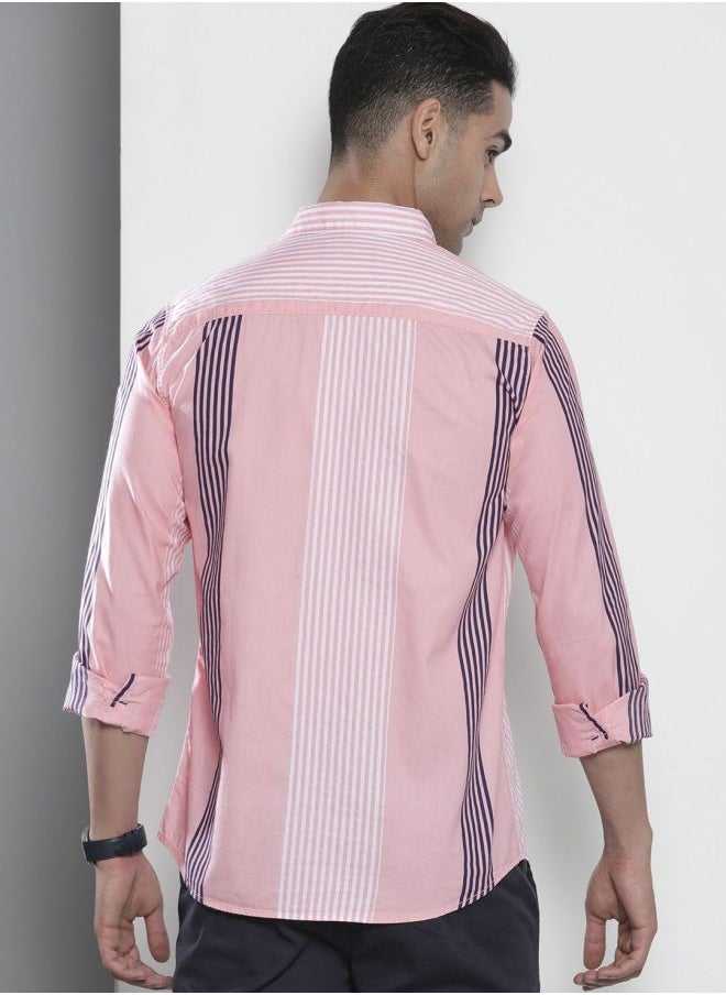 Men Regular Fit Striped Full Sleeves Cutaway Collar Casual Shirt