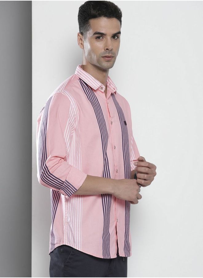 Men Regular Fit Striped Full Sleeves Cutaway Collar Casual Shirt