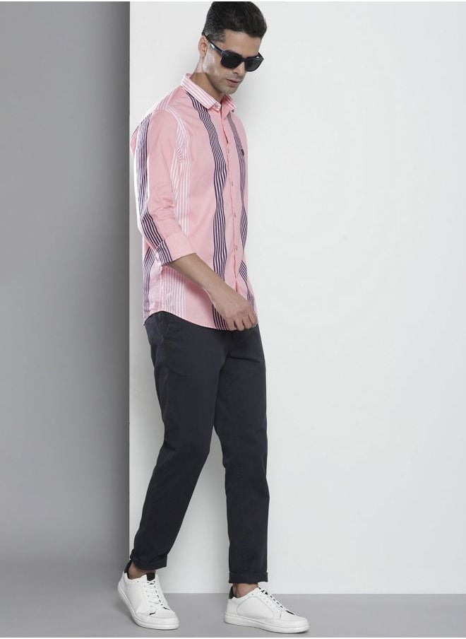 Men Regular Fit Striped Full Sleeves Cutaway Collar Casual Shirt