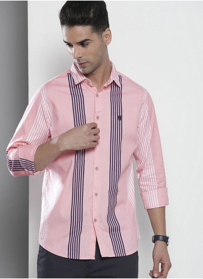 Men Regular Fit Striped Full Sleeves Cutaway Collar Casual Shirt