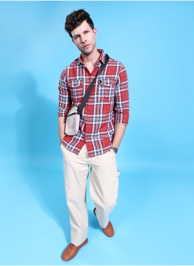 Men Regular Fit Checkered Full Sleeves Cutaway Collar Double Flap Pocket Street Wear Over Shirt
