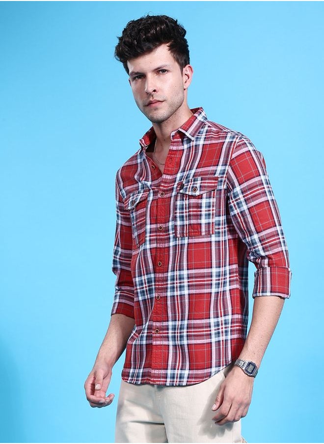 Men Regular Fit Checkered Full Sleeves Cutaway Collar Double Flap Pocket Street Wear Over Shirt
