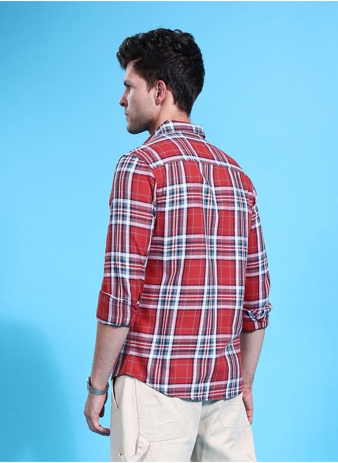 Men Regular Fit Checkered Full Sleeves Cutaway Collar Double Flap Pocket Street Wear Over Shirt
