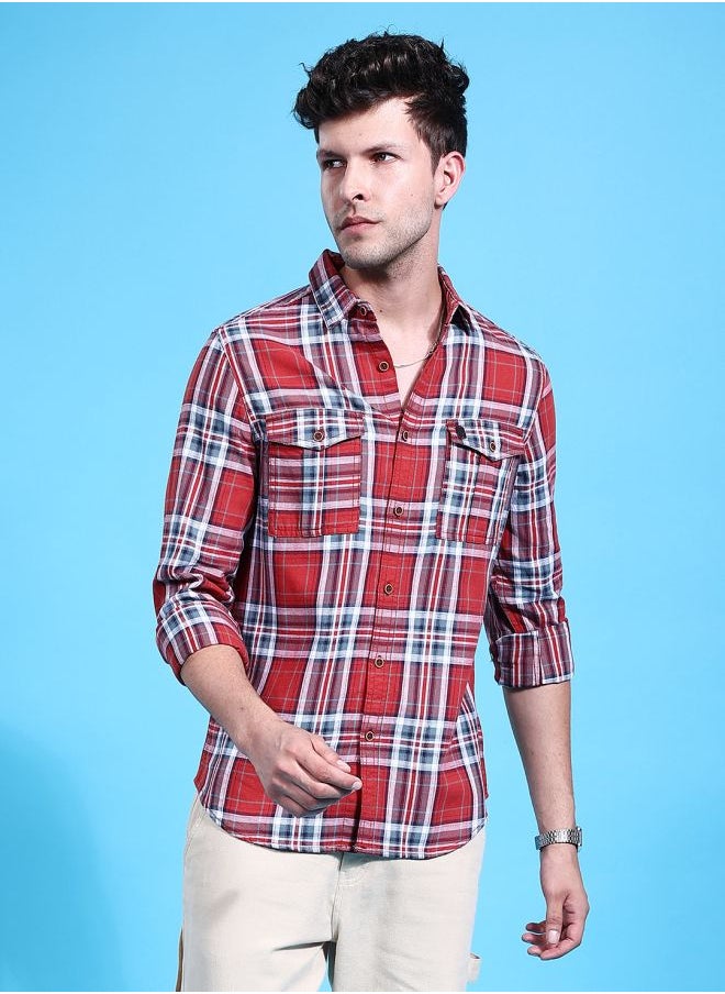 Men Regular Fit Checkered Full Sleeves Cutaway Collar Double Flap Pocket Street Wear Over Shirt