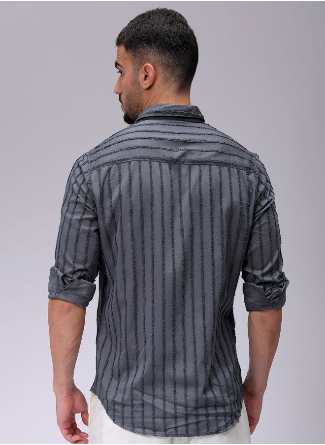Men Slim Fit Textured Solid Full Sleeves Cutaway Collar Casual Shirt