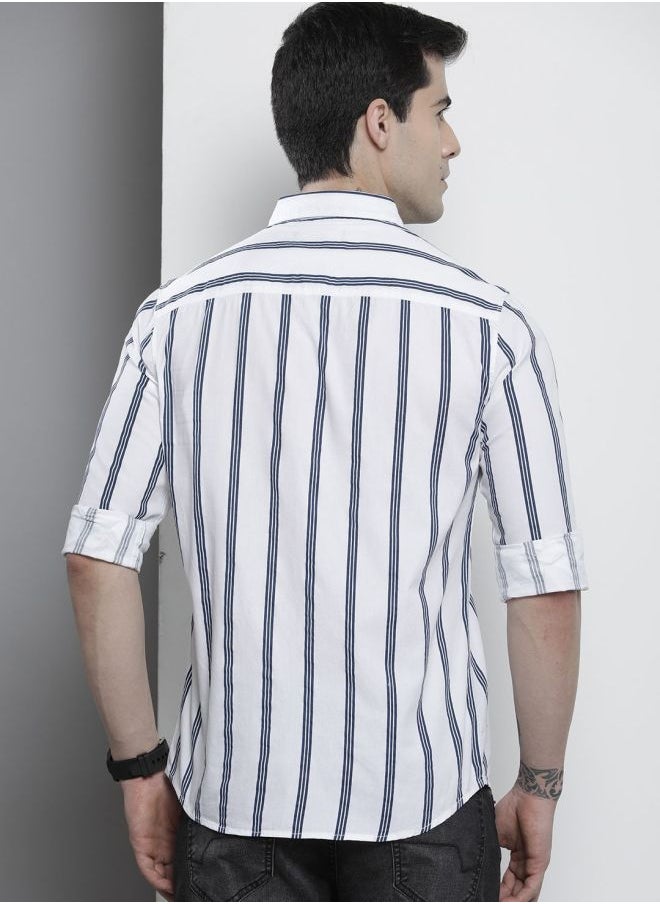 Men Regular Fit Striped Full Sleeves Cutaway Collar Casual Shirt