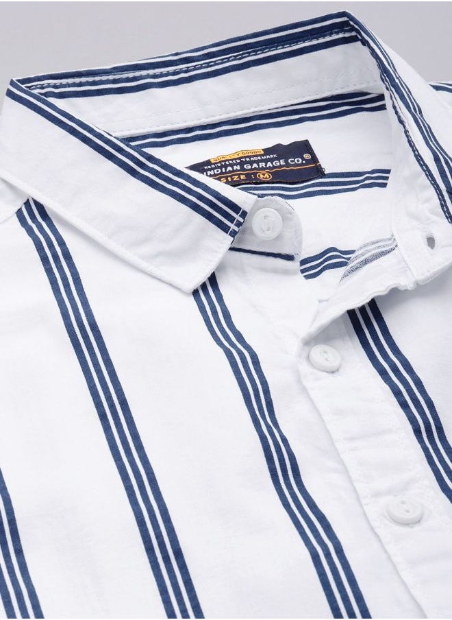 Men Regular Fit Striped Full Sleeves Cutaway Collar Casual Shirt