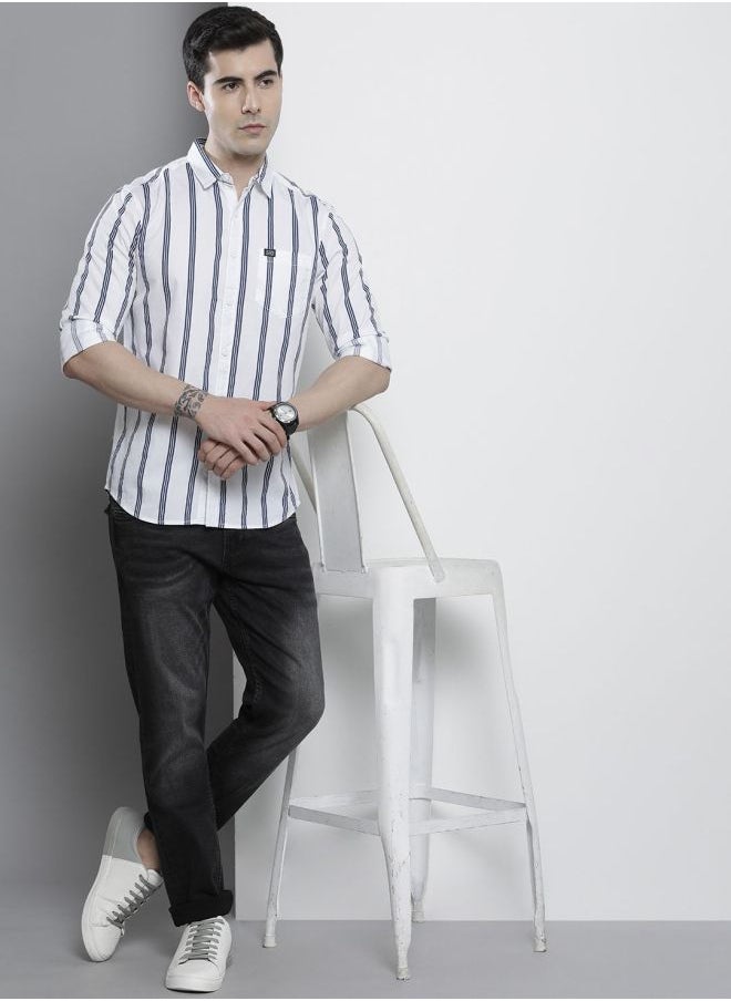 Men Regular Fit Striped Full Sleeves Cutaway Collar Casual Shirt