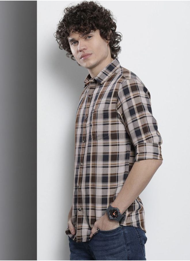 Men Regular Fit Checkered Full Sleeves Cutaway Collar Casual Shirt