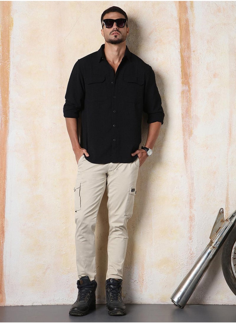 Men Relaxed Fit Spread Collar Double Flap pocket utility Solid Textured Casual Shirt
