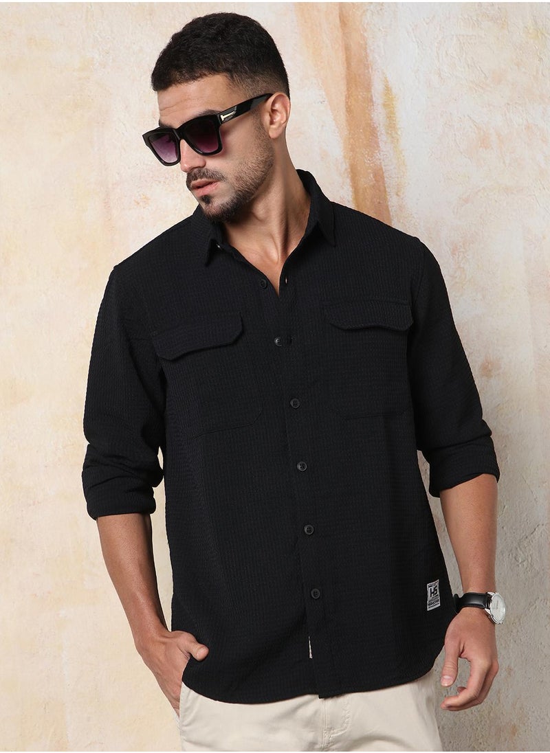 Men Relaxed Fit Spread Collar Double Flap pocket utility Solid Textured Casual Shirt