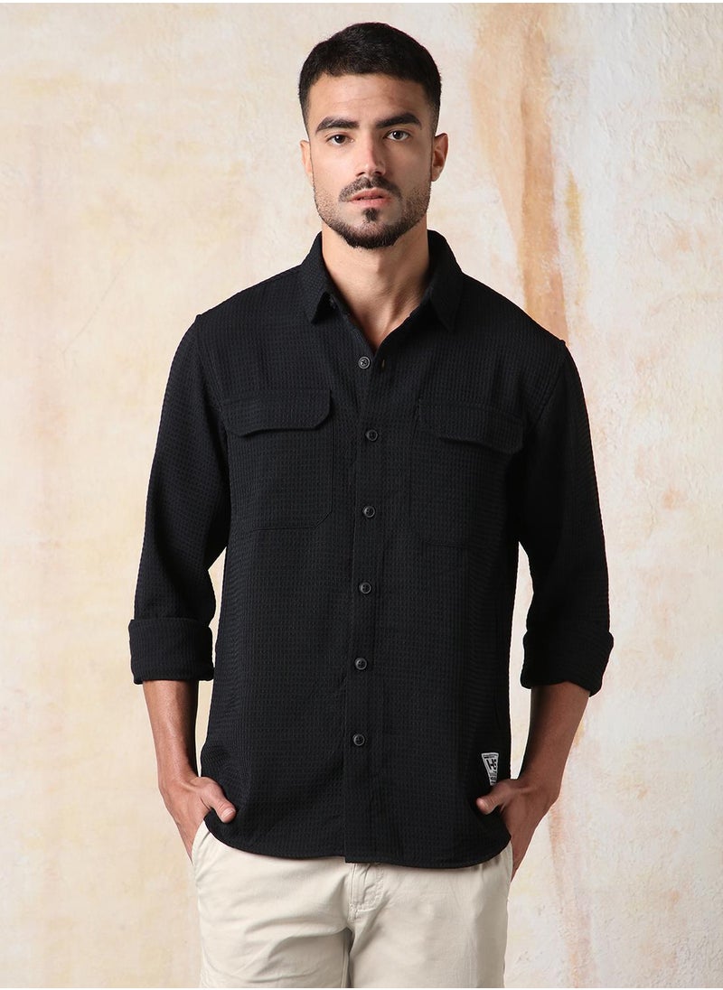 Men Relaxed Fit Spread Collar Double Flap pocket utility Solid Textured Casual Shirt
