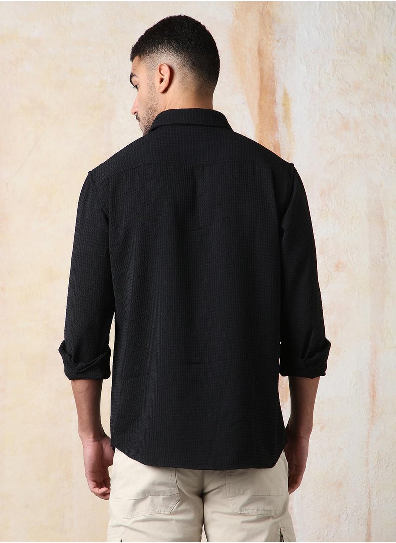 Men Relaxed Fit Spread Collar Double Flap pocket utility Solid Textured Casual Shirt