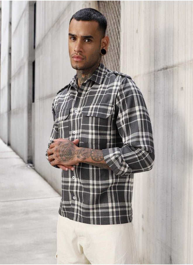 Men Releaxed Fit Tartan Checks Textured Checked Utility Casual Shirt