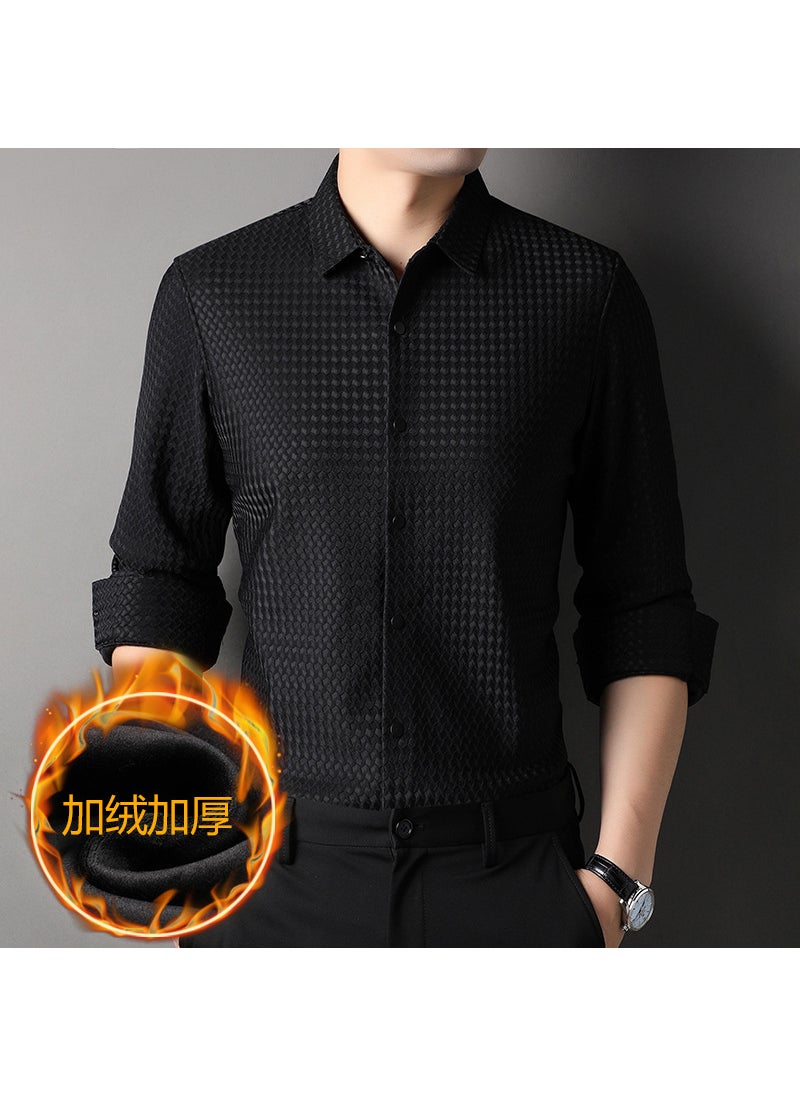 Mens Winter Fleece-lined Shirt High Elasticity Thousand Birds Plaid Net Skinny Fit Casual Business Shirt For Middle-aged Man Lake Blue