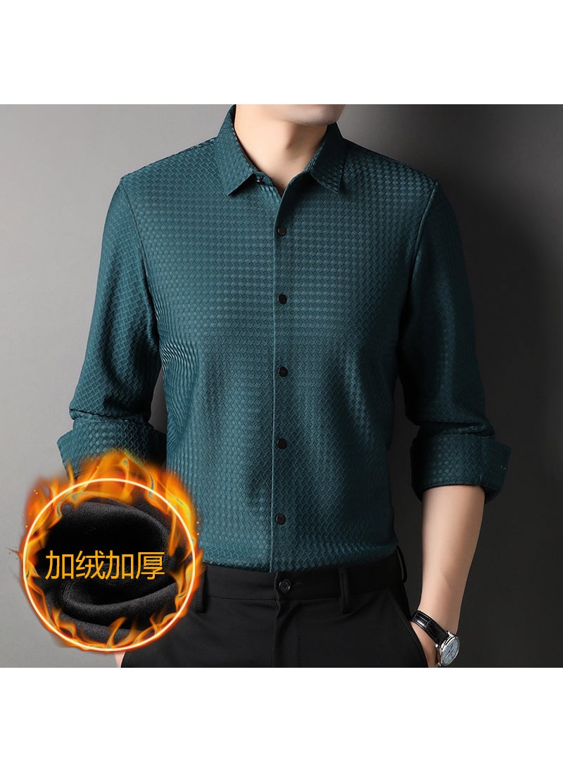 Mens Winter Fleece-lined Shirt High Elasticity Thousand Birds Plaid Net Skinny Fit Casual Business Shirt For Middle-aged Man Lake Blue