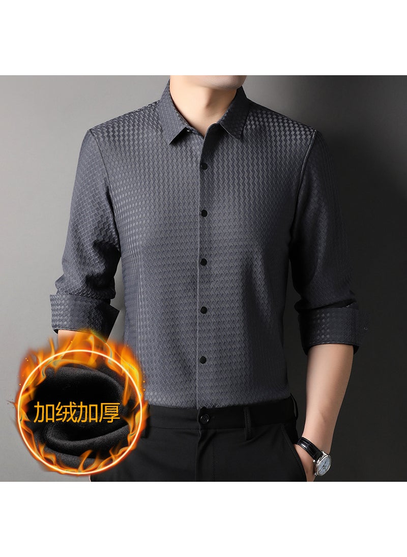Mens Winter Fleece-lined Shirt High Elasticity Thousand Birds Plaid Net Skinny Fit Casual Business Shirt For Middle-aged Man Lake Blue