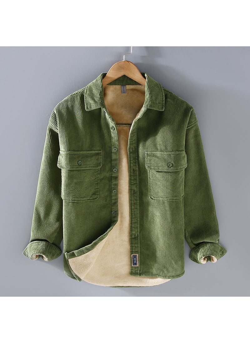 G151 Autumn Winter New Mens Casual Jacketshirt Fleece-Lined And Thickened Warm Vintage Style For Young People Green