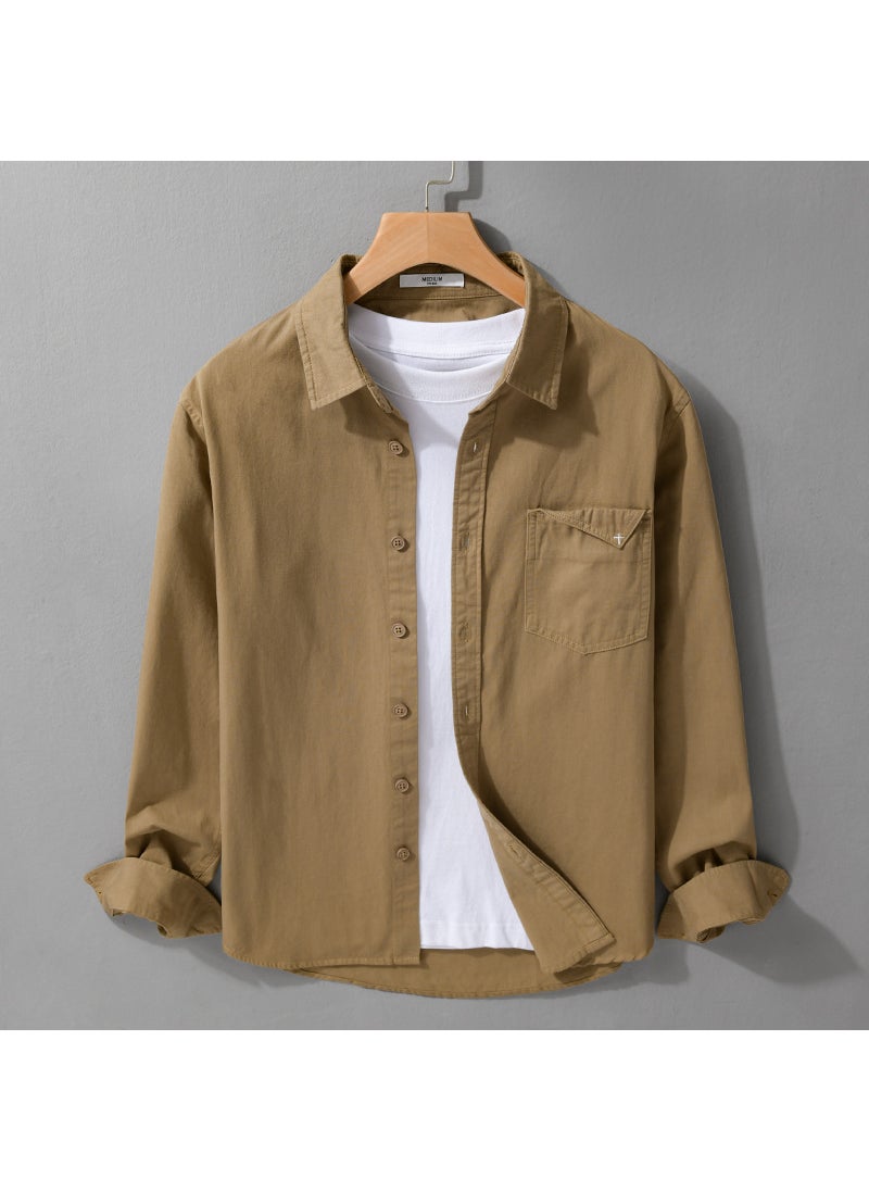 Spring Autumn Mens Casual Loose Long Sleeve Shirt Vintage Solid Color Youthful Classic Fit Malegarde 9586 Khaki