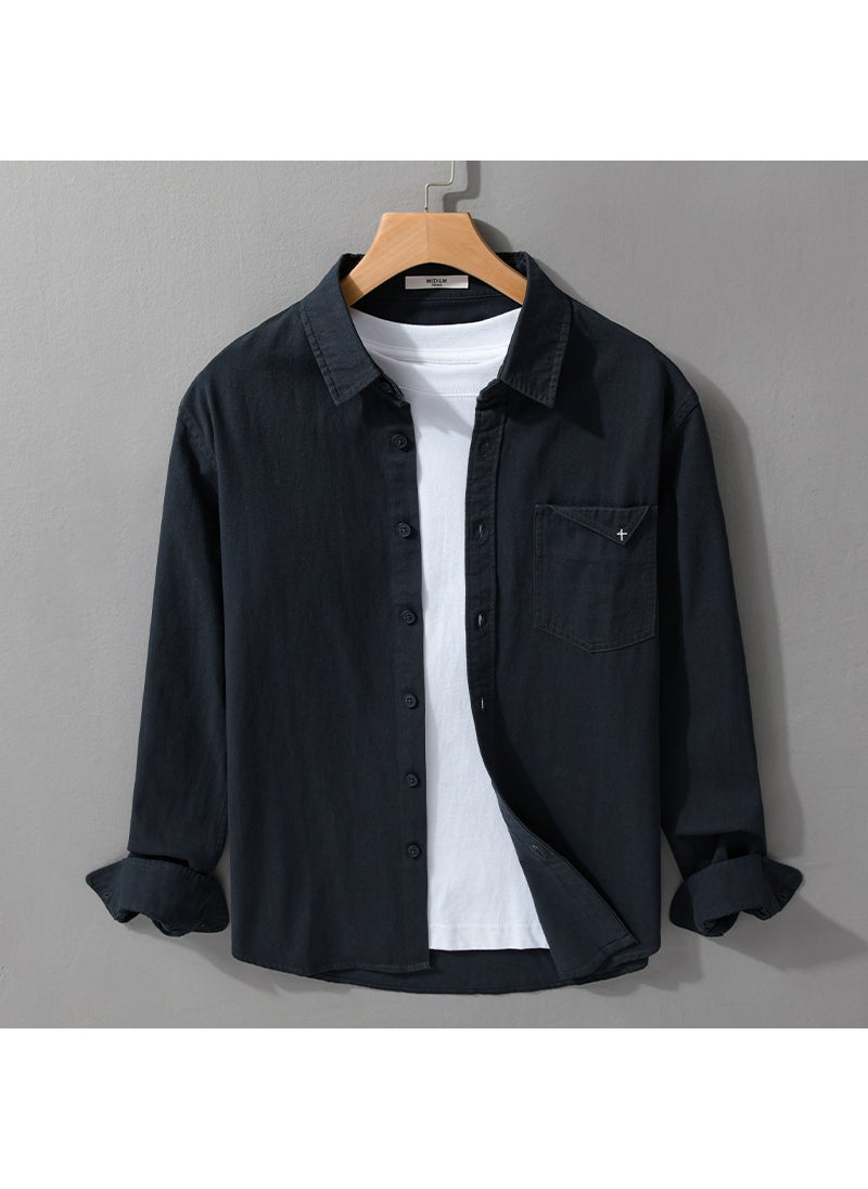 Spring Autumn Mens Casual Loose Long Sleeve Shirt Vintage Solid Color Youthful Classic Fit Malegarde 9586 Gray blue