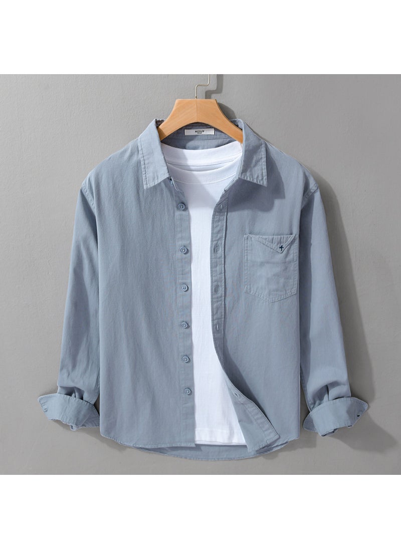 Spring Autumn Mens Casual Loose Long Sleeve Shirt Vintage Solid Color Youthful Classic Fit Malegarde 9586 Gray blue