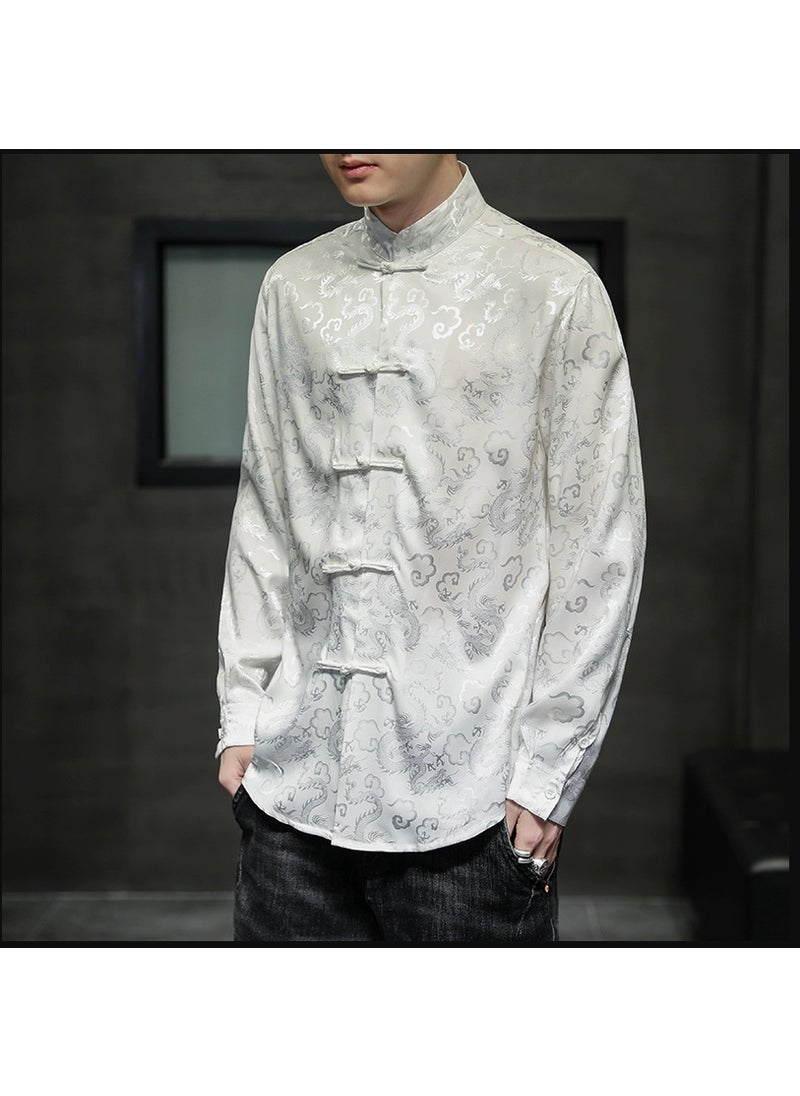 2024 Spring Summer New Mens Shirt Casual Fashion Trendy Chinese Style Disc Button Dark Stripe Satin Plus Size Jacquard Silver