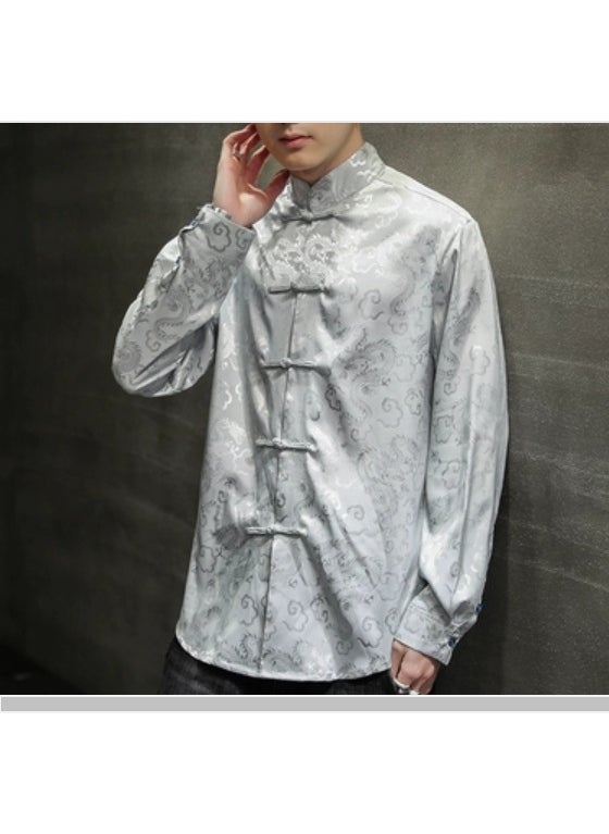 2024 Spring Summer New Mens Shirt Casual Fashion Trendy Chinese Style Disc Button Dark Stripe Satin Plus Size Jacquard Silver