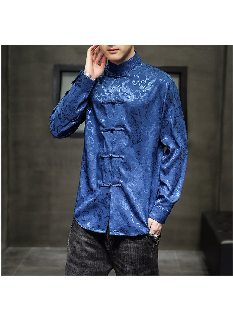 2024 Spring Summer New Mens Shirt Casual Fashion Trendy Chinese Style Disc Button Dark Stripe Satin Plus Size Jacquard Blue