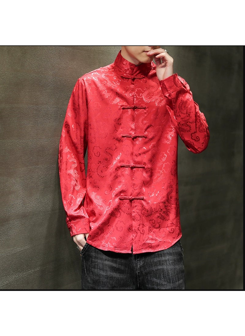 2024 Spring Summer New Mens Shirt Casual Fashion Trendy Chinese Style Disc Button Dark Stripe Satin Plus Size Jacquard Red