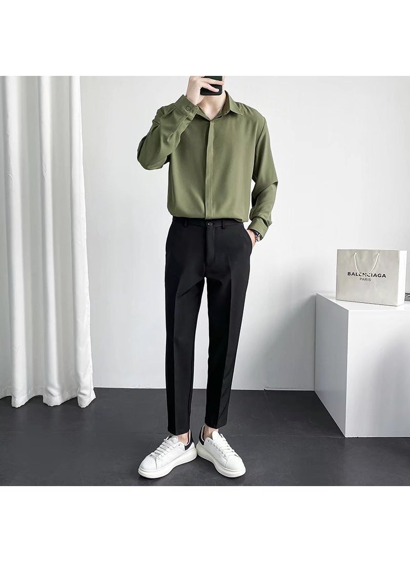 High Quality Spring Summer Mens Loose Fit Long Sleeve Casual Shirt And Pants Set Elastic No Ironing Required Trendy Menswear Army Green shirt trousers