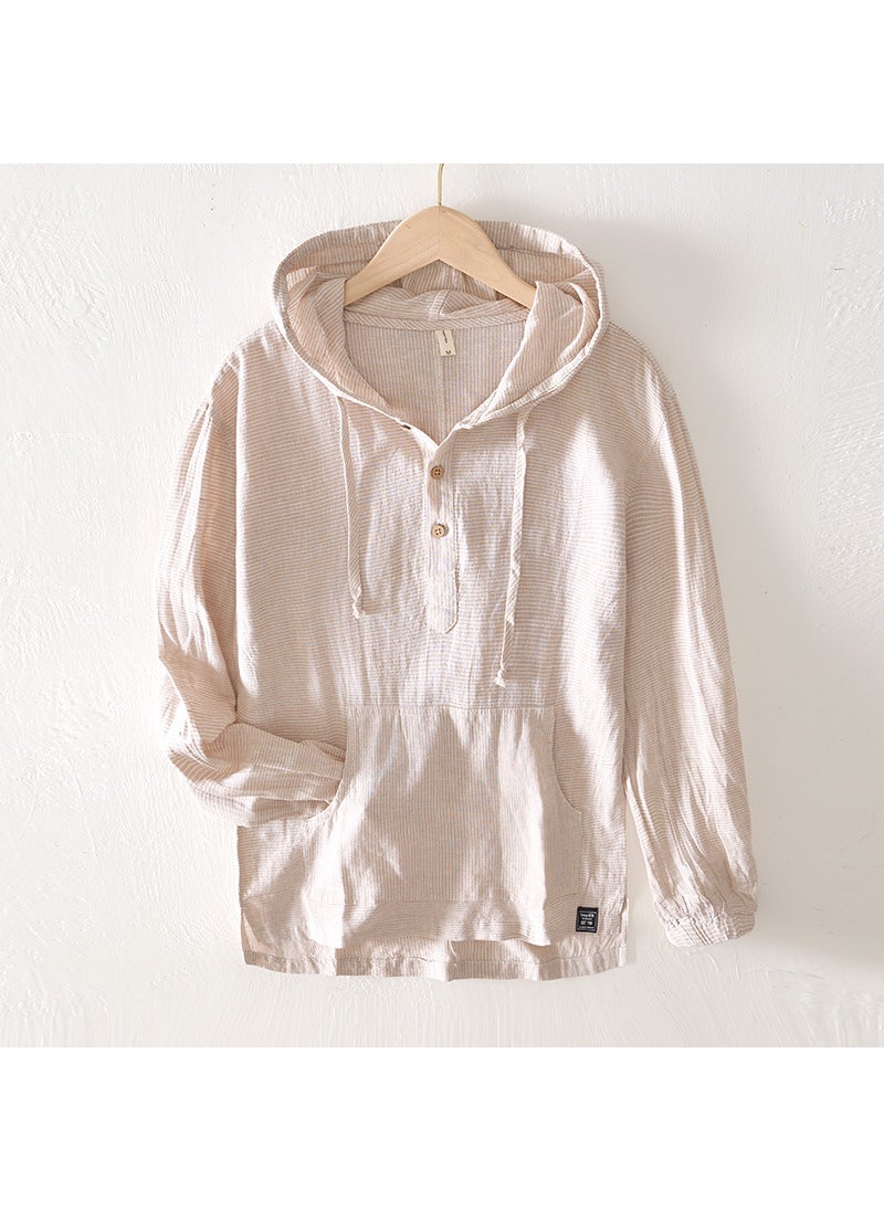Casual Lightweight Breathable Long Sleeve Hoodie Shirt Striped Sweatshirt Inner Outer Match Summer Comfortable Mens Shirt Khaki