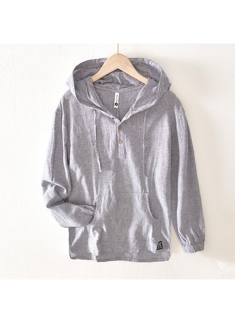 Casual Lightweight Breathable Long Sleeve Hoodie Shirt Striped Sweatshirt Inner Outer Match Summer Comfortable Mens Shirt Khaki