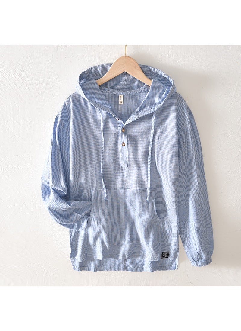 Casual Lightweight Breathable Long Sleeve Hoodie Shirt Striped Sweatshirt Inner Outer Match Summer Comfortable Mens Shirt sky blue