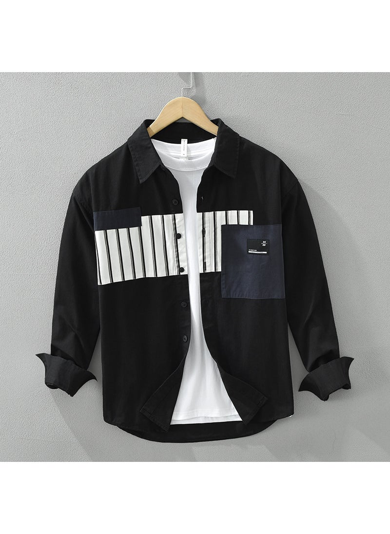 Japanese Style Striped Long Sleeve Shirt For Men Fashionable Versatile Casual Artistic Shirt Top Casual Wear Black