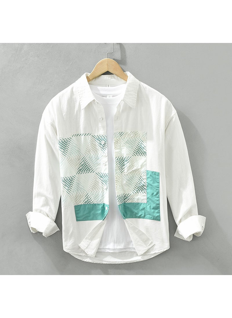 Loose Long Sleeve Mens Casual Shirt Japanese Style Patchwork Print Versatile Artistic Outerwear Spring And Autumn Season White