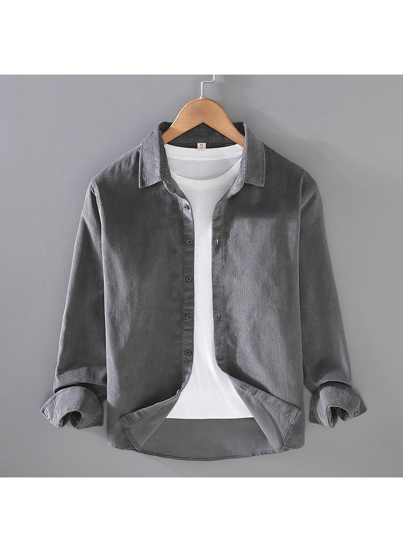 Mens Long Sleeve Corduroy Shirt Pure Cotton Flannel Casual Outerwear Winter Warm Lining Classic Style Chinese Minimalist Fashio 9717 gray