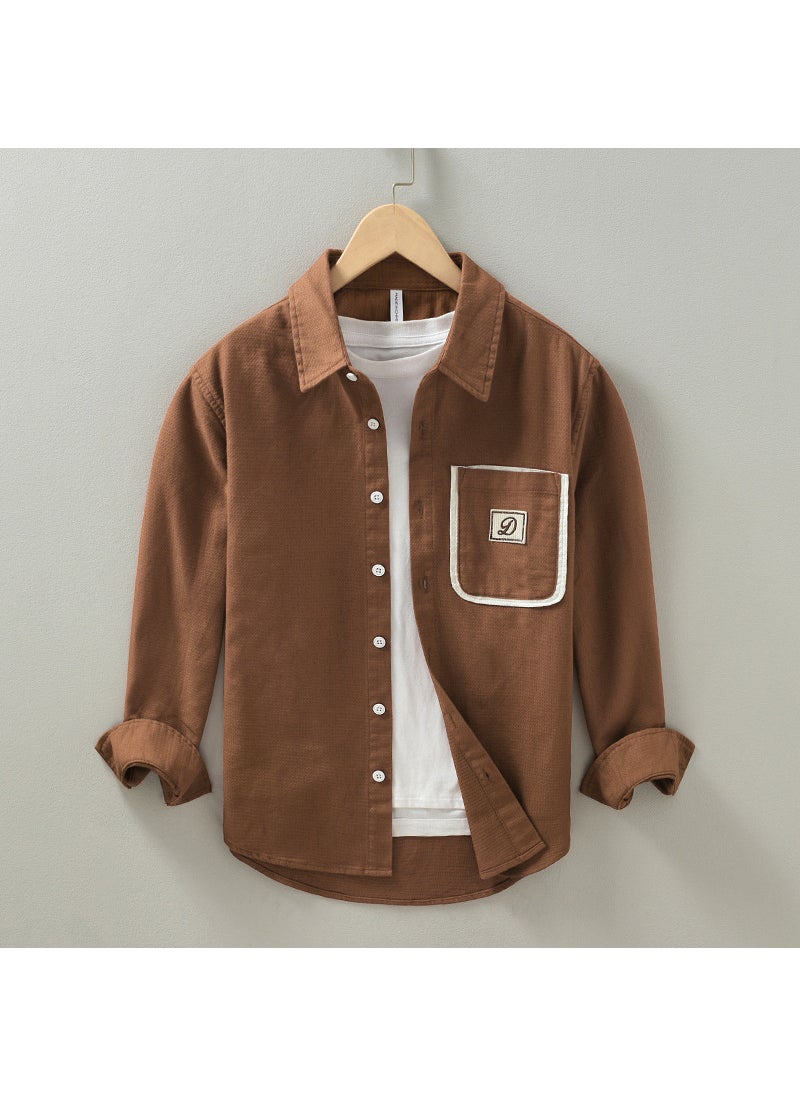 American Style Hong Kong Fashion Pure Cotton Shirt For Men Spring Autumn Color Block Patchwork Laboratory Coat Trendy Youth Long Caramel