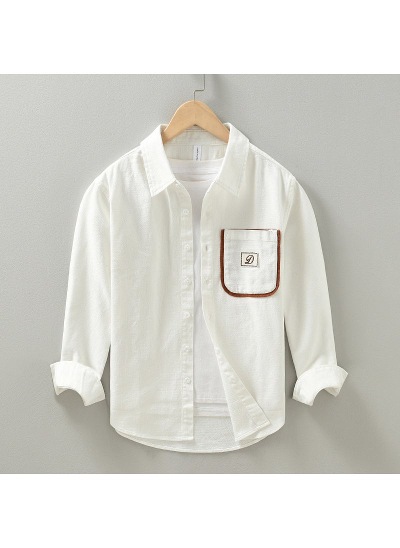 American Style Hong Kong Fashion Pure Cotton Shirt For Men Spring Autumn Color Block Patchwork Laboratory Coat Trendy Youth Long White