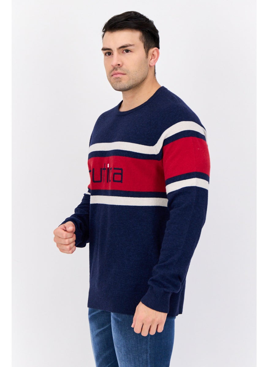 Men Crew Neck Embroidered Logo Long Sleeves Sweater, Multicolor