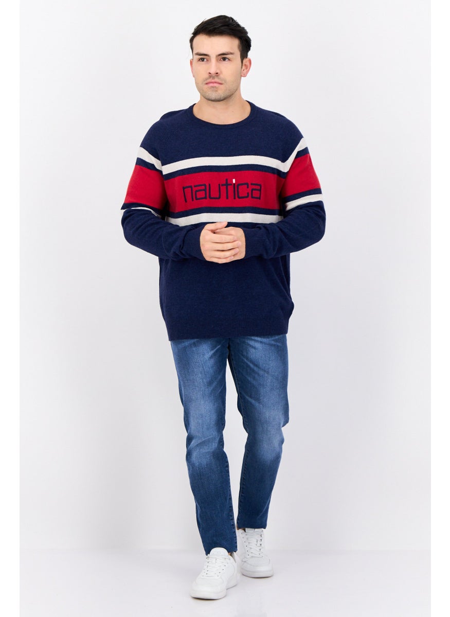 Men Crew Neck Embroidered Logo Long Sleeves Sweater, Multicolor