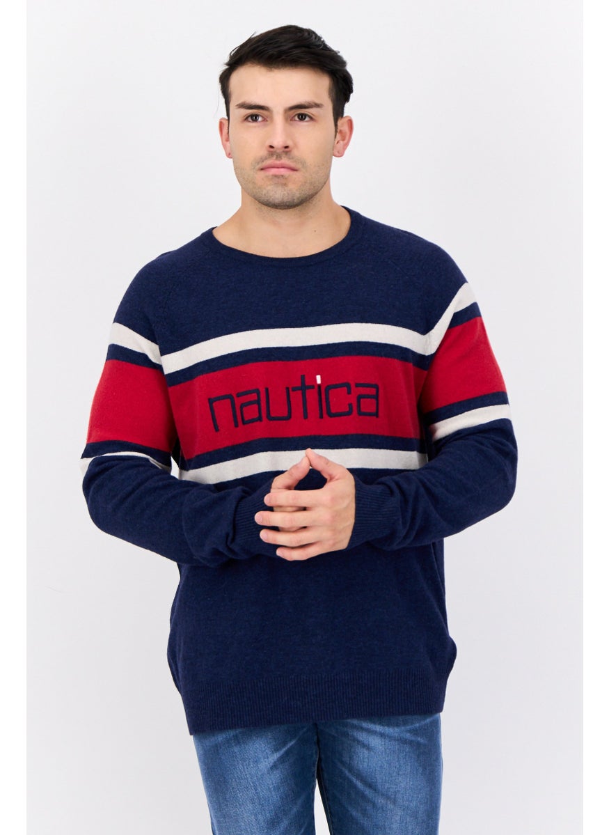 Men Crew Neck Embroidered Logo Long Sleeves Sweater, Multicolor