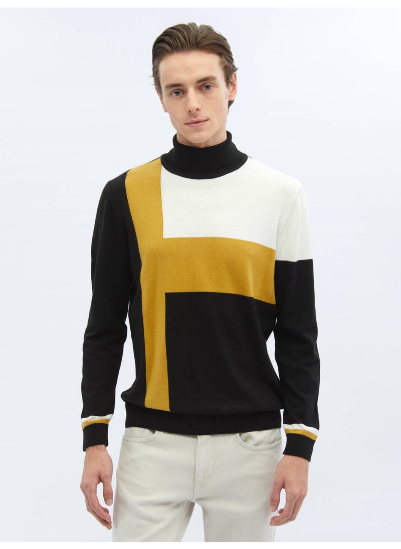 Black Full Turtleneck Patterned Cotton Blend Sweater